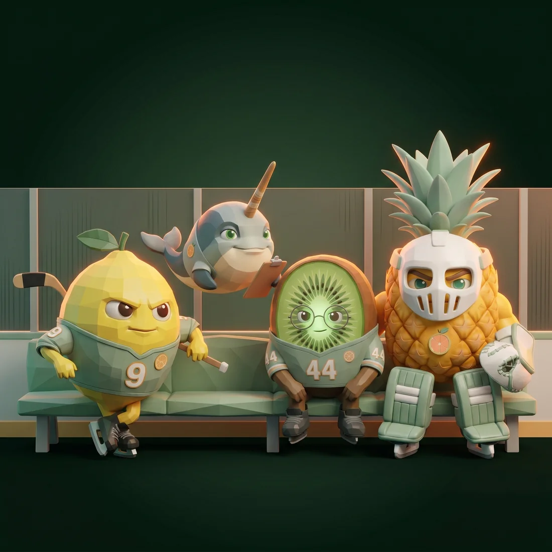 The Citrus Squad: Lemon, Stormy, Kiwi, and Pineapple on the bench